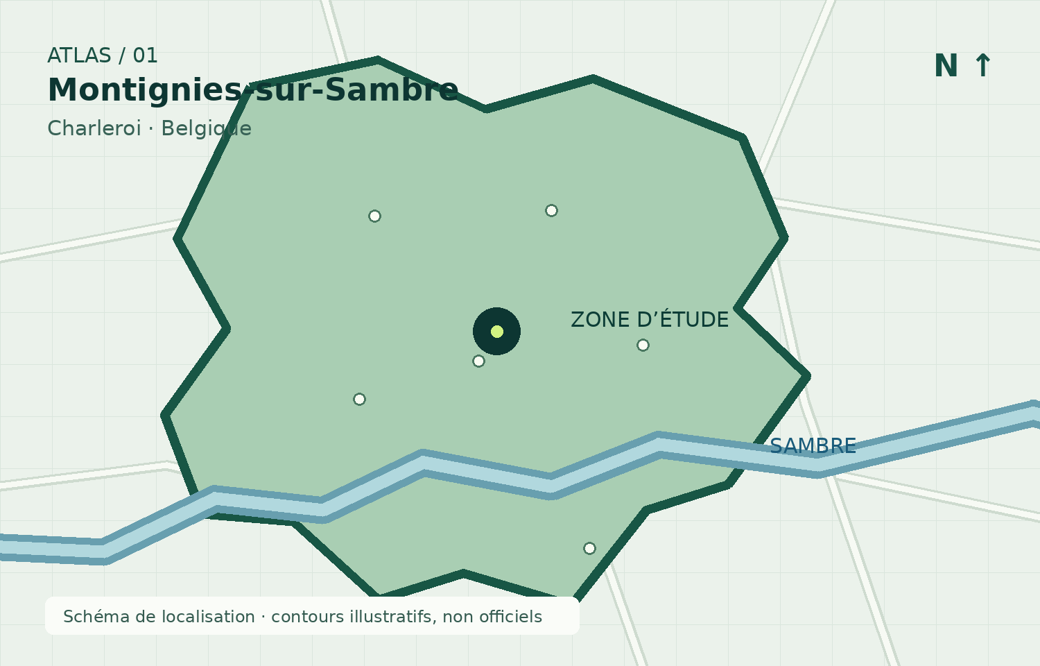 Carte illustrée de localisation de Montignies-sur-Sambre, contour stylisé du territoire et tracé indicatif de la Sambre, sans valeur officielle